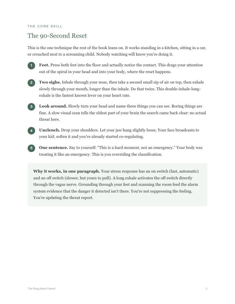 Workbook page: the 90-Second Reset, five numbered steps